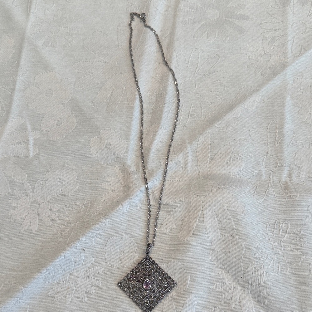 Nicky Butler Ornate Silver-Tone Filigree Necklace with Pink Accent
